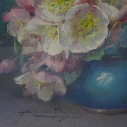 null Blanche ODIN (1865-1957): Roses épanouies dans un vase. Aquarelle. Signé en...