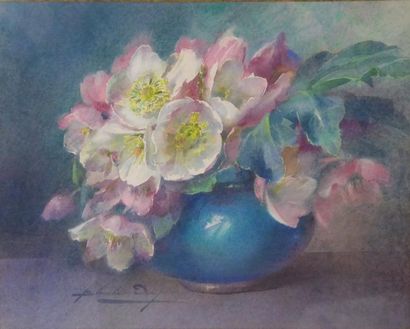 null Blanche ODIN (1865-1957): Roses épanouies dans un vase. Aquarelle. Signé en...