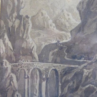 null Ecole FRANCAISE du XIXème siècle: Vue de montagne. Lavis. Non signé. 16x10cm....
