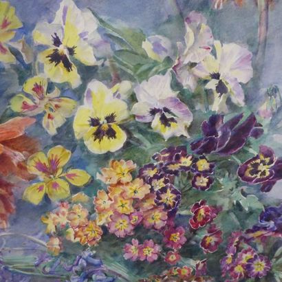 null Madeleine Jeanne LEMAIRE (1845-1928): Abeilles butinant dans des fleurs. Aquarelle....