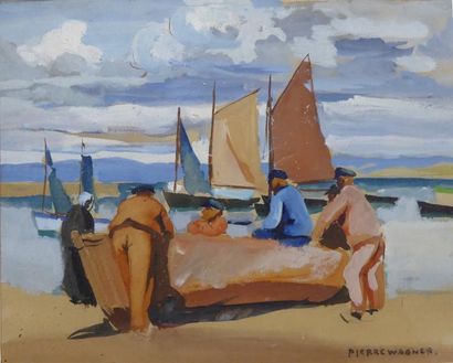 null Pierre WAGNER (1897-1943): Pécheurs accoudés au bateau à quai. Aquarelle gouachée....