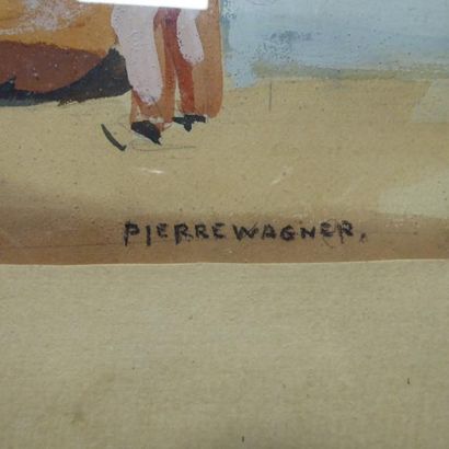 null Pierre WAGNER (1897-1943): Pécheurs accoudés au bateau à quai. Aquarelle gouachée....