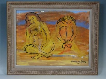 null Pedro DE LEON (1951) : Deux femmes nues. Huile sur papier. Signé en bas à droite....