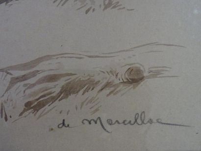 null DE MARCILLAC (XIX-XX) : Le rendez-vous de chasse. Pochoir rehaussé signé au...