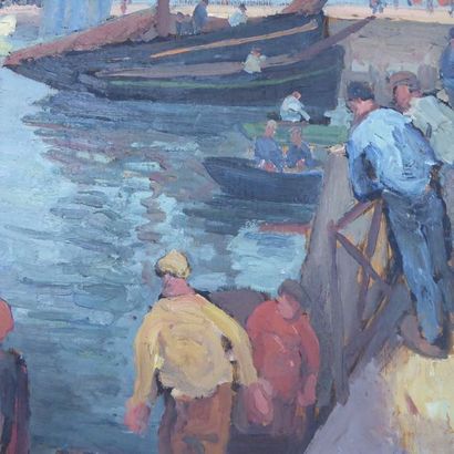 null Léonard BORDES (1898-1969) : Port de pêche animé. Huile sur panneau. Signé en...