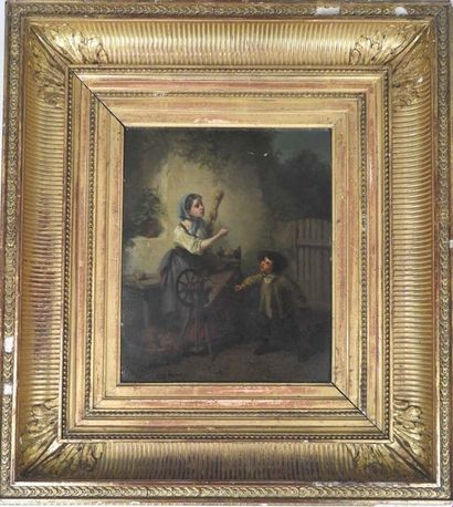 null Ferdinand MAROHN (act. 1839-1865): la fileuse et l'enfant. Huile sur panneau....