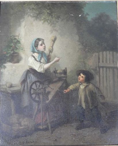 null Ferdinand MAROHN (act. 1839-1865): la fileuse et l'enfant. Huile sur panneau....