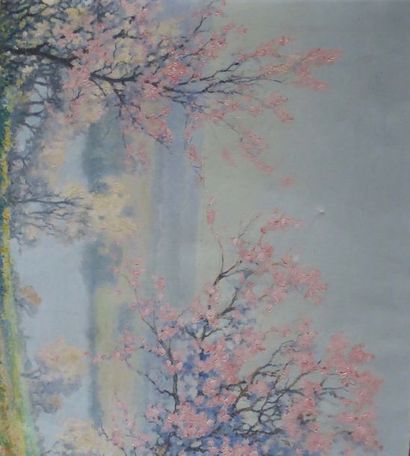 null Raymond THIBESART (1874-1968): Arbres en fleurs en vallée de la Seine. Huile...