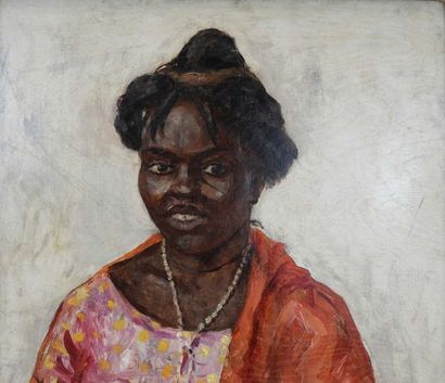 null Georges FRANCOIS (1880-1968): Portrait d'africaine au collier. Huile sur panneau....