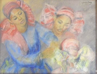 null Germaine FOURY (1902-1981) Deux femmes malgaches avec nouveau-né. Pastel. Signé...