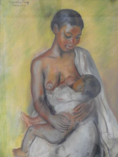 null Germaine FOURY (1902-1981) : Femme Malgache allaitant son bébé. Pastel. Signé...
