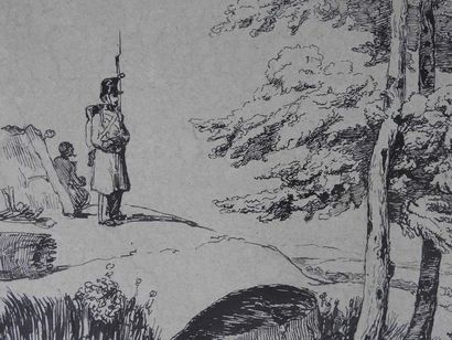 null L. MIZZI (XIXe): Soldat près d'un arbre. Encre. Signé, daté 1871 et cachet de...