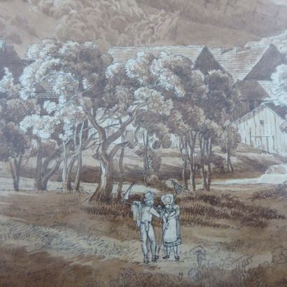 null Friedrich SALATHE (1793-1858) : Couple de paysans Suisse à la faucille sur fond...