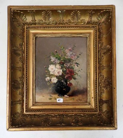 null Eugène PETIT (1839-1886) : Vase de fleurs. Huile sur panneau. Signé en bas à...