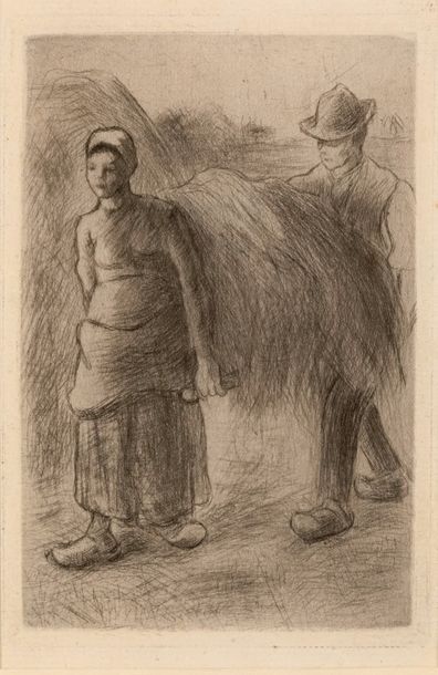 C. Pissarro, two figures carrying hay Camille Pissarro (1830-1903). Gravure sur papier.... Gazette Drouot