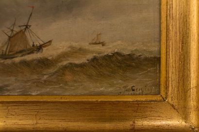 CREPIN J. "Marine", 1845, huile sur panneau, signée et datée en bas à droite, 13x21,5...