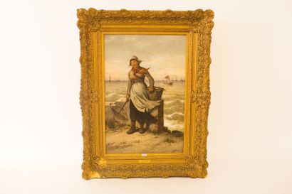 KAUFMAN C. [Paris] (1845-1897) "Jeune Pêcheuse", fin XIXe, huile sur panneau, signée...