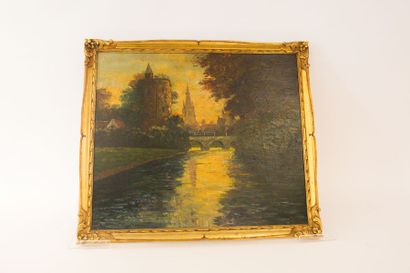 Ecole Belge "Vue de Bruges", XXe, huile sur panneau, 64x75 cm.