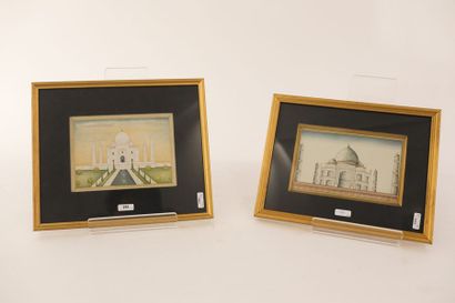 École INDIENNE "Le Taj Mahal", XXe, deux encres et couleurs sur papier, 12,5x17 cm...