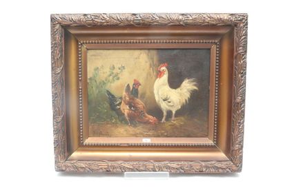 SCHOUTEN Paul (1860-1922) "Poules et coq", circa 1900, huile sur toile, signée en...