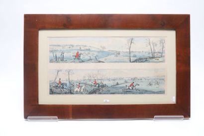 ECOLE ANGLAISE "Chasse à courre", lithographie panoramique rehaussée, 26,5x55 cm...