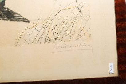 DANCHIN Léon (1887-1938) "Vol de canards", XXe, lithographie polychrome, signée en...