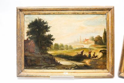 ECOLE FRANCAISE "Paysages animés", XIXe, paire d'huiles sur toile, 34x50 cm [altérations...