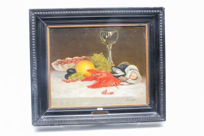 BAES Emile (1879-1954) "Nature morte aux fruits de mer", 1904, huile sur toile rentoilée,...