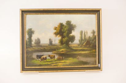 SAUNIER Octave Alfred (1842/43-1887) "Paysage lacustre aux bovins", XIXe, huile sur...