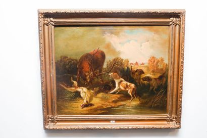 ECOLE FRANCAISE "L'Hallali du cerf", XIXe, huile sur toile, 55x68 cm [légères altérations...