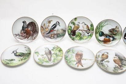 FRANKLIN PORCELAIN / HAVILAND - LIMOGES Suite de douze assiettes à décor ornithologique,...