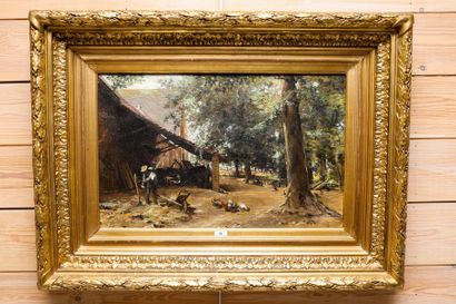 Ecole Belge "Basse-cour animée", fin XIXe, huile sur toile, signée en bas à gauche,...