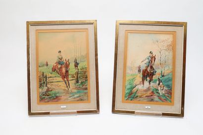 GUILLEBERT M. "Amazones", début XXe, paire d'aquarelles gouachées sur papier, signées...