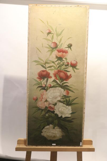 CARON Joseph (1866-1944) "Bouquets et flamants roses", 1901, suite de trois panneaux...