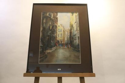 DELANCRE Gérard (1922) "Rue des Chapeliers (Bruxelles)", XXe, encre de Chine et aquarelle...