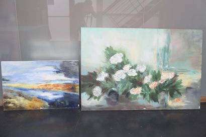DESCAMPE Colette "Composition florale" et "Paysage", XXe, deux huiles sur toile,...