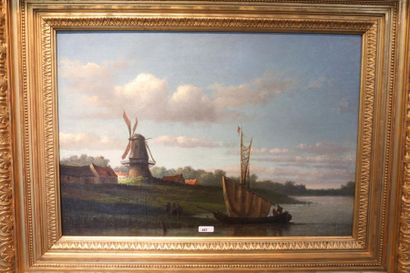 École hollandaise "Bord de rivière", fin XIXe, huile sur toile, 35x50,5 cm.