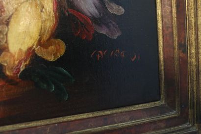 École contemporaine "Bouquet", XXe, huile sur toile, signature en bas à droite, 69x48...