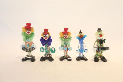 MURANO "Clowns", XXe, cinq sujets en verre polychrome travaillé à chaud, étiquettes,...