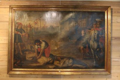 ECOLE ANGLAISE "Hanged, drawn and quartered", XVII-XVIIIe, huile sur toile, 103x162...