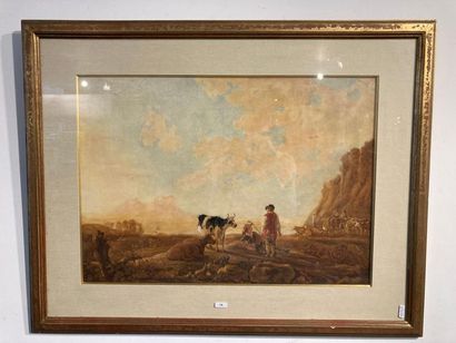 ECOLE FRANCAISE "Bouviers au crépuscule", probablement XIXe, aquarelle sur papier,...