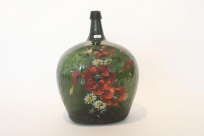 MARTIN Mona Bouteille méplate à décor floral polychrome, XXe, verre soufflé, signée,...