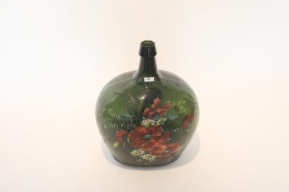 MARTIN Mona Bouteille méplate à décor floral polychrome, XXe, verre soufflé, signée,...