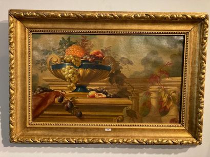ECOLE FRANCAISE "Nature morte", fin XIXe, huile sur toile marouflée sur panneau (ancien...