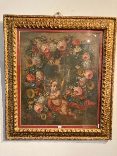 ECOLE FLAMANDE "Couronne de fleurs et putto sur fond de paysage", XVIIIe, huile sur...