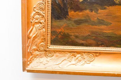 ECOLE FRANCAISE "Vénerie", début XXe, huile sur toile, 47,5x68 cm [altérations dont...