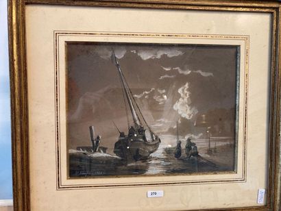 SCHAEFELS Hendrik Frans (1827-1904) "Bateau de pêche échoué", 1843, plume et encre...