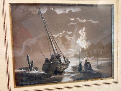 SCHAEFELS Hendrik Frans (1827-1904) "Bateau de pêche échoué", 1843, plume et encre...