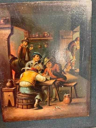 ECOLE FLAMANDE "Scènes d'auberge", XIXe, paire d'huiles sur cuivre en pendants, 13x10...