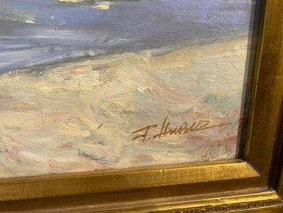 HUBER F "Enfants à la plage", XXe, huile sur toile, signée en bas à droite, 50x60...